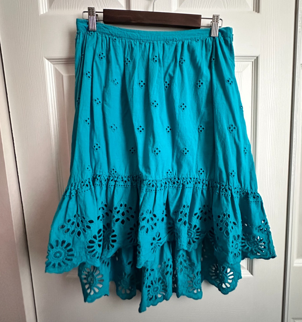 Cupio Turquoise Blue Tiered Ruffled Eyelet Broderie Cotton Midi Skirt Medium